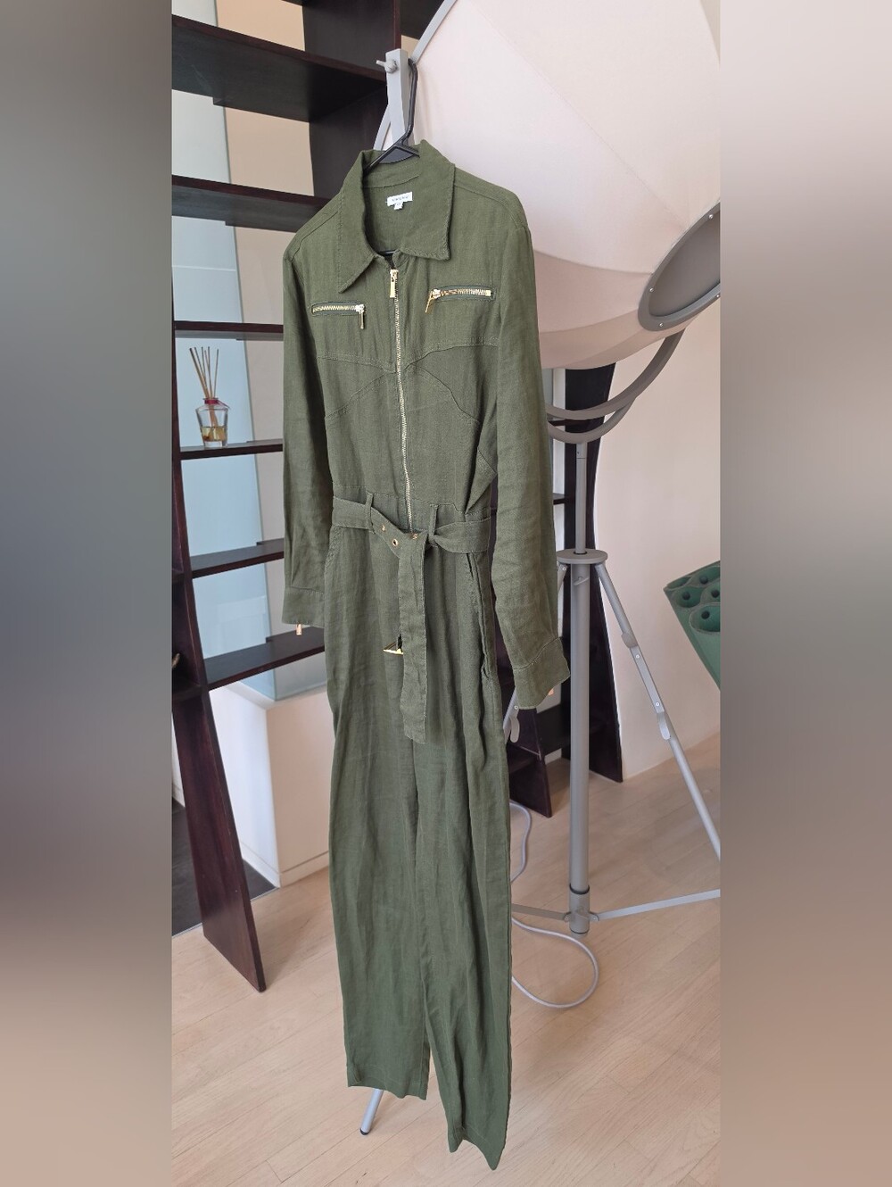 WeWoreWhat Olive Green Linen Utility Jumpsuit with Gold Hardware Size S - Picture 10 of 11